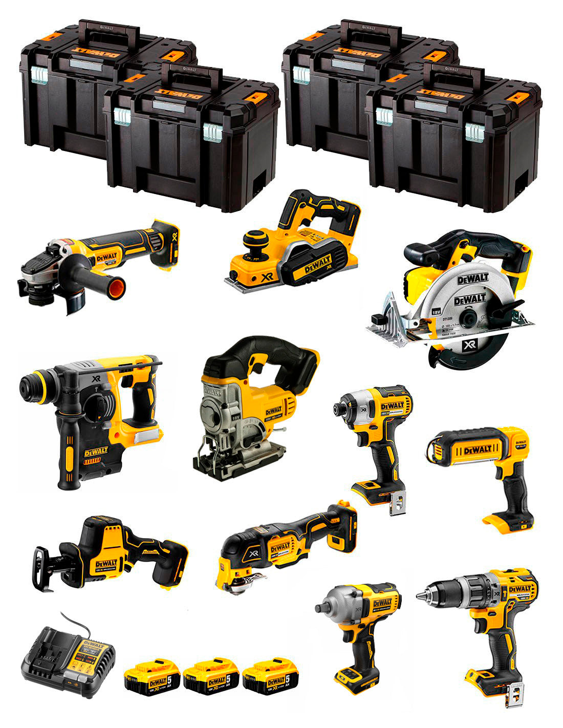 Dewalt Kit 11 Werkzeuge + 3bat 5Ah + DCB1104 Ladegerät + 4xTSTAK DCK111P3