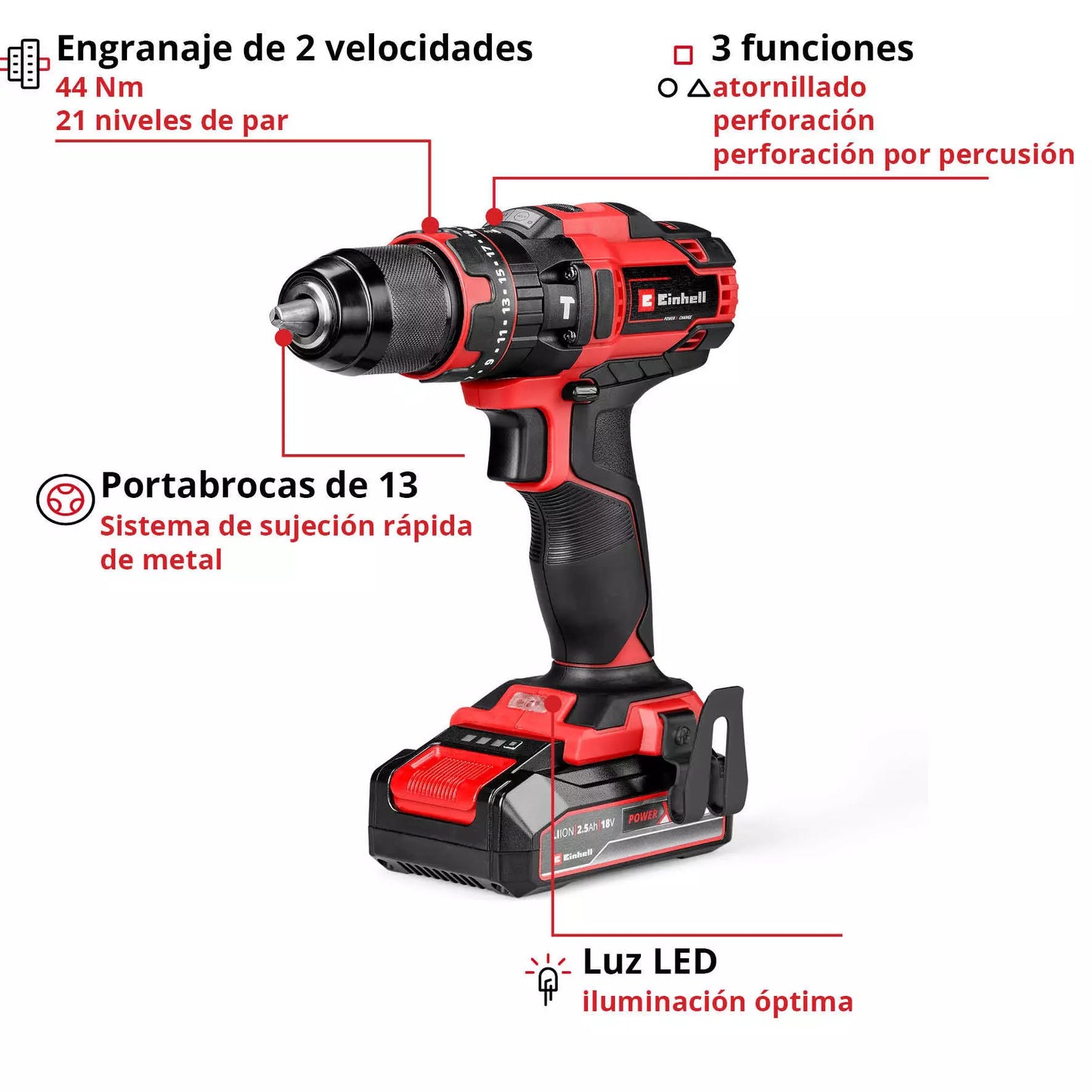 Taladro percutor a batería 18V con 1bat 2,5Ah y cargador TE-CD 18/44 Li-i Einhell