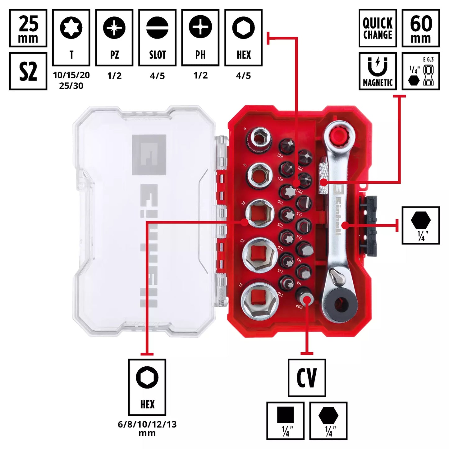 Einhell XS-CASE 21-teiliger LS-Bit- und Steckschlüsselsatz 49118683