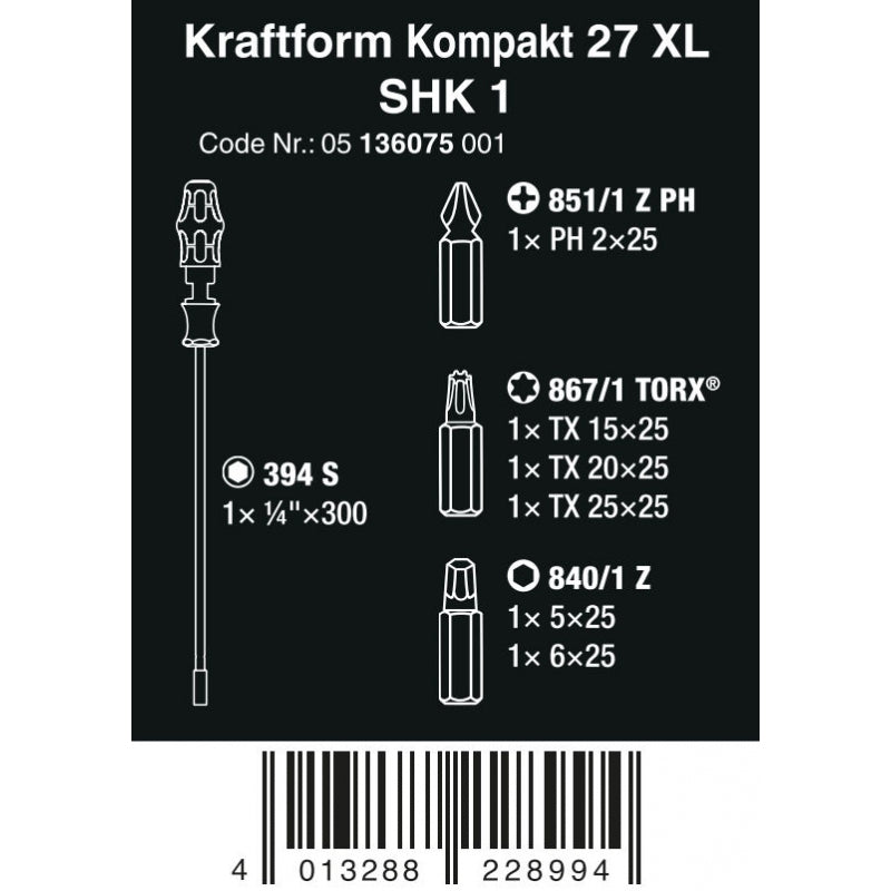 Schraubendreher-Bithalter mit starrer Klinge 7tlg. Kraftform Kompakt 27 XL SHK 1 Wera