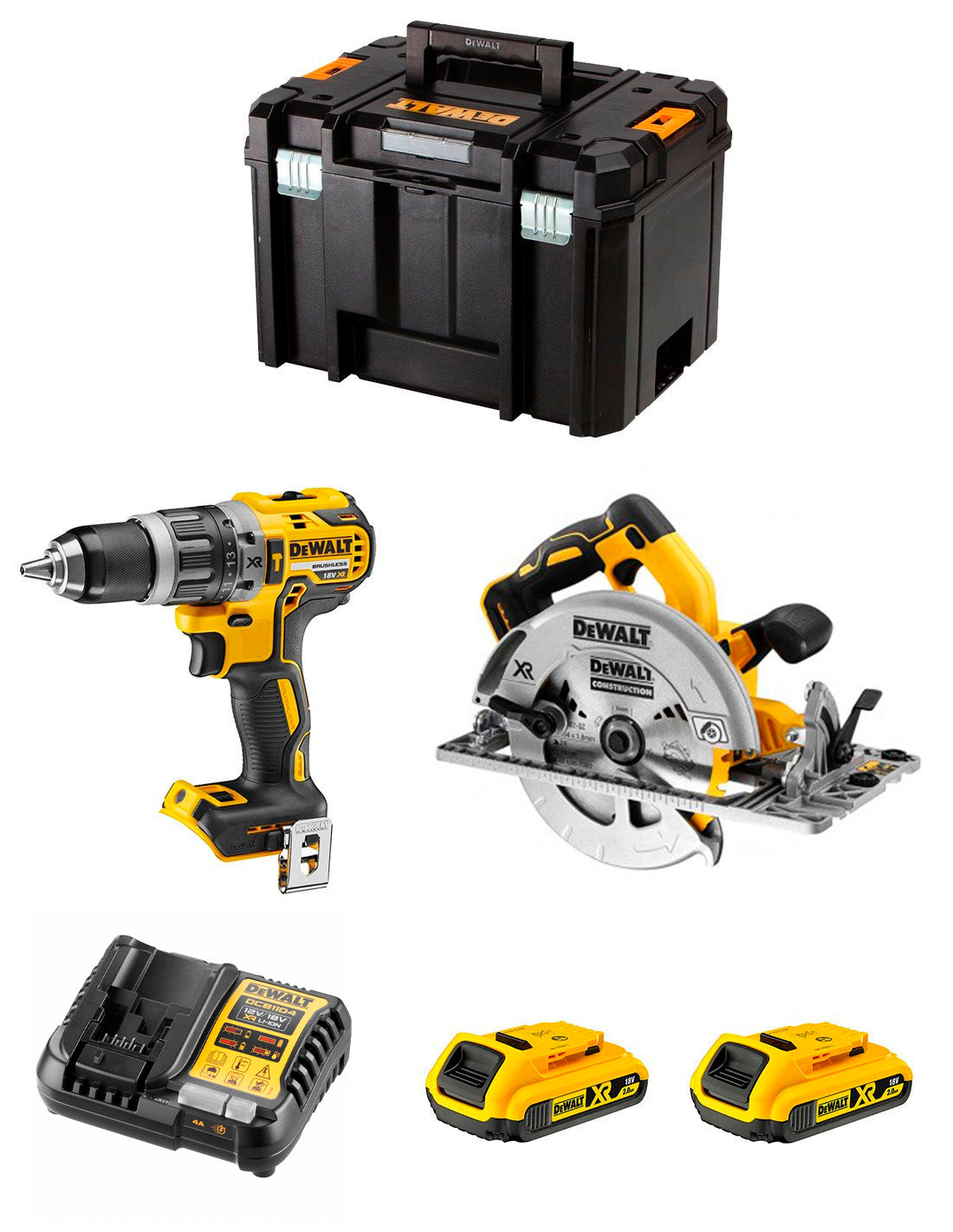 Dewalt Kit mit DCD796 Bohrhammer + DCS572 Kreissäge + 2bat 2Ah + Ladegerät + TSTAK VI DCK270D2