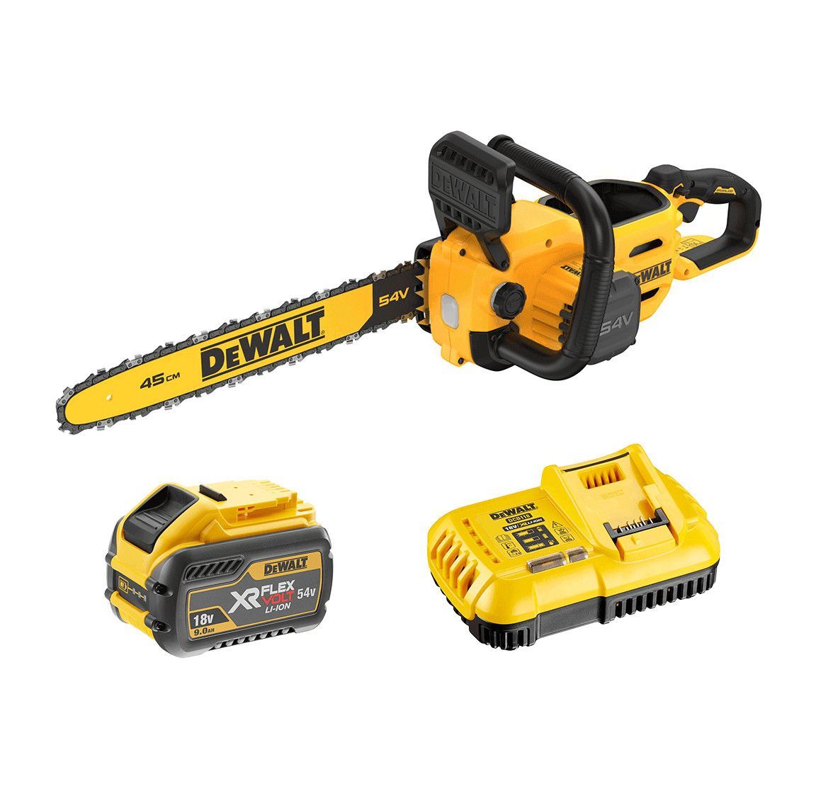 45-cm-Kettensäge + Flexvolt 9Ah-Akku + Dewalt DCMCS574X1-Ladegerät