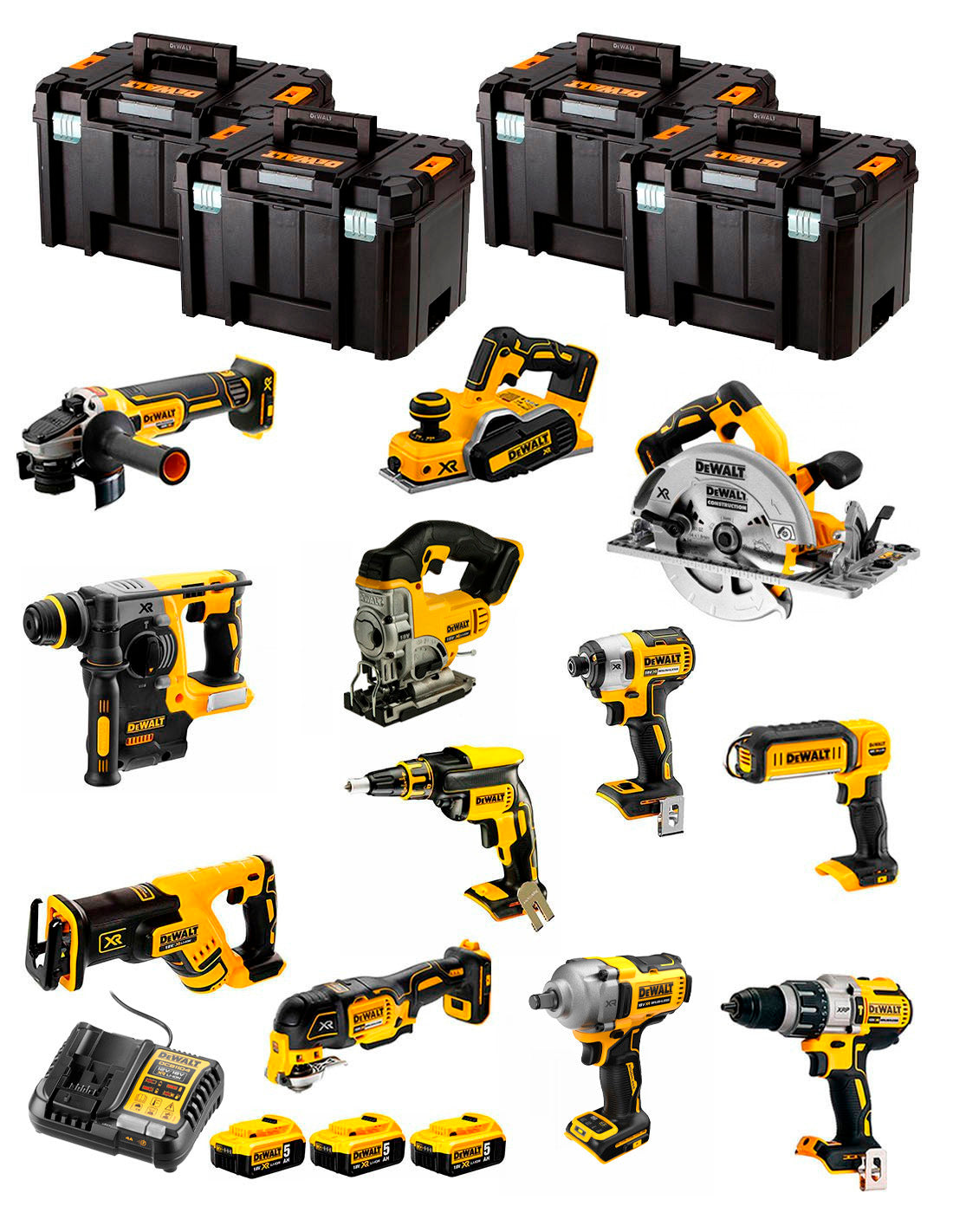 Dewalt Kit 12 Werkzeuge + 3bat 5Ah + DCB1104 Ladegerät + 4xTSTAK DCK127P3