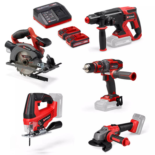 Set mit 5 Elektrowerkzeugen + 2 Akkus + Ladegerät TE-TK 18/5 +2 (CD+CS+WS+JS+HD) Einhell